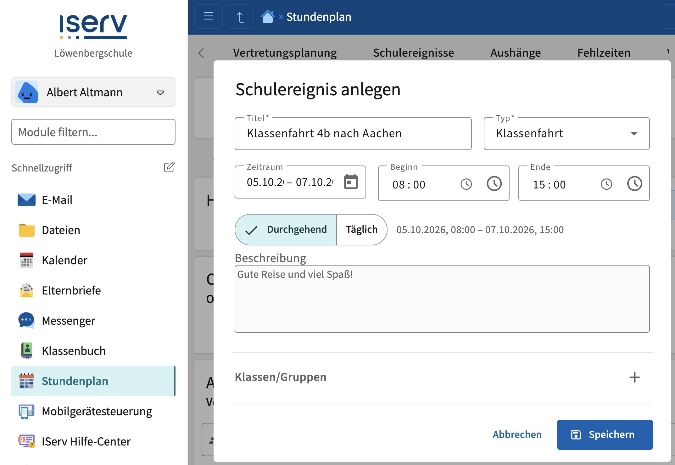 Screenshot: Schulereignis anlegen